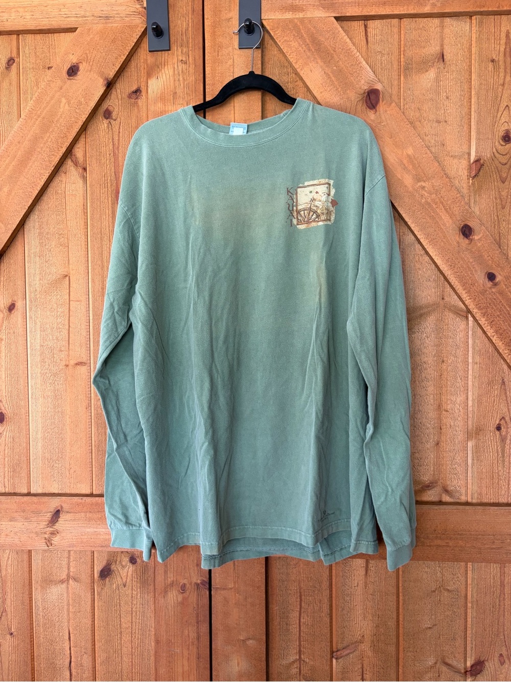 Men's Long-Sleeve Crewneck Shirt in Sage Green with Subtle Chest Graphic